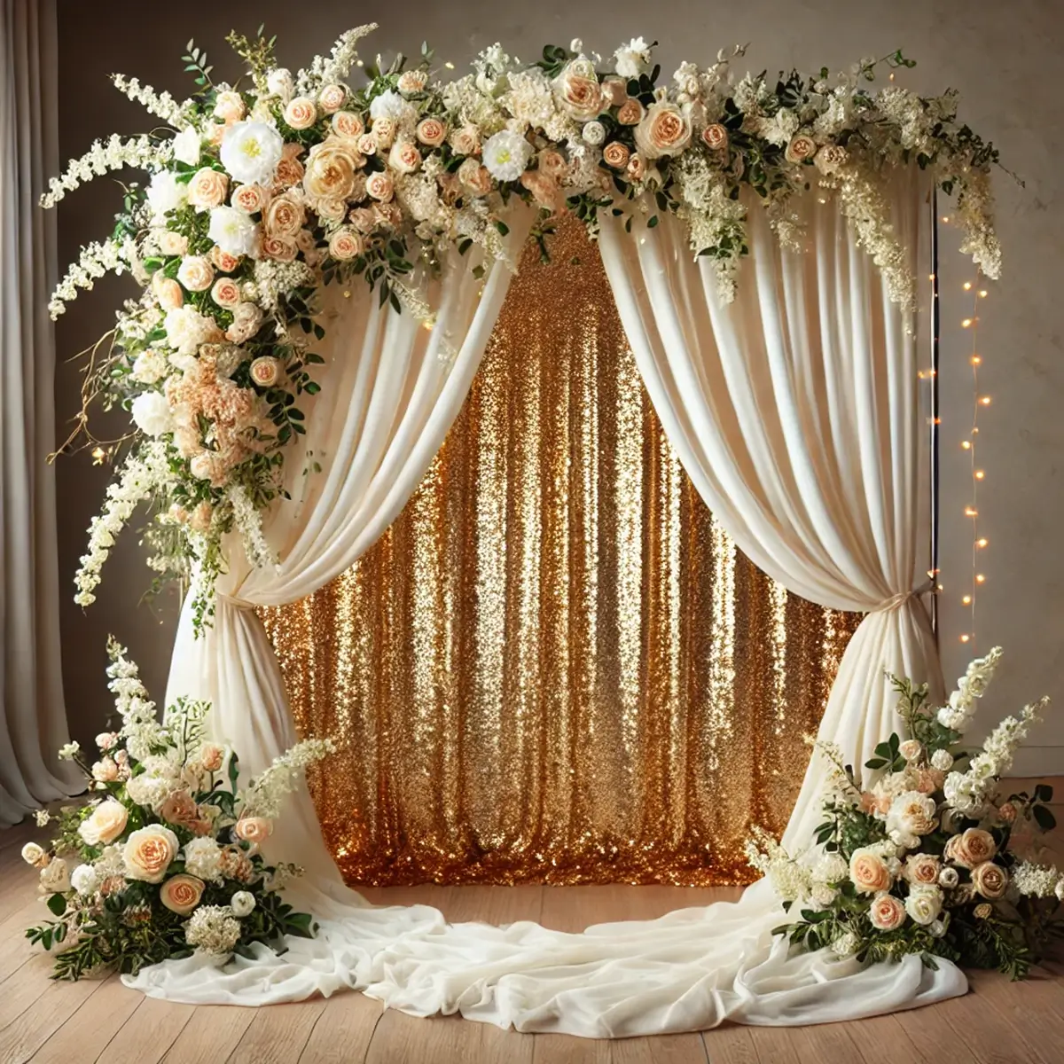 1 stk Guld palliet gardin 183x244 cm på vielsesbue (1) Guld paillet gardin stof og hvidt chiffon på vielsesbue backdrop bryllup