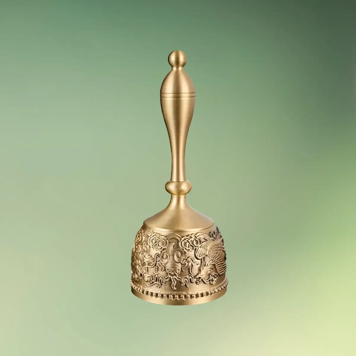 1 stk. Klassisk håndholdt klokke - Bronze-drage og Føniksklokke grøn b (1) lej Toastmaster klokke | Dirigentklokke | Håndklokke til taler | Bronze med drage og fønix motiv