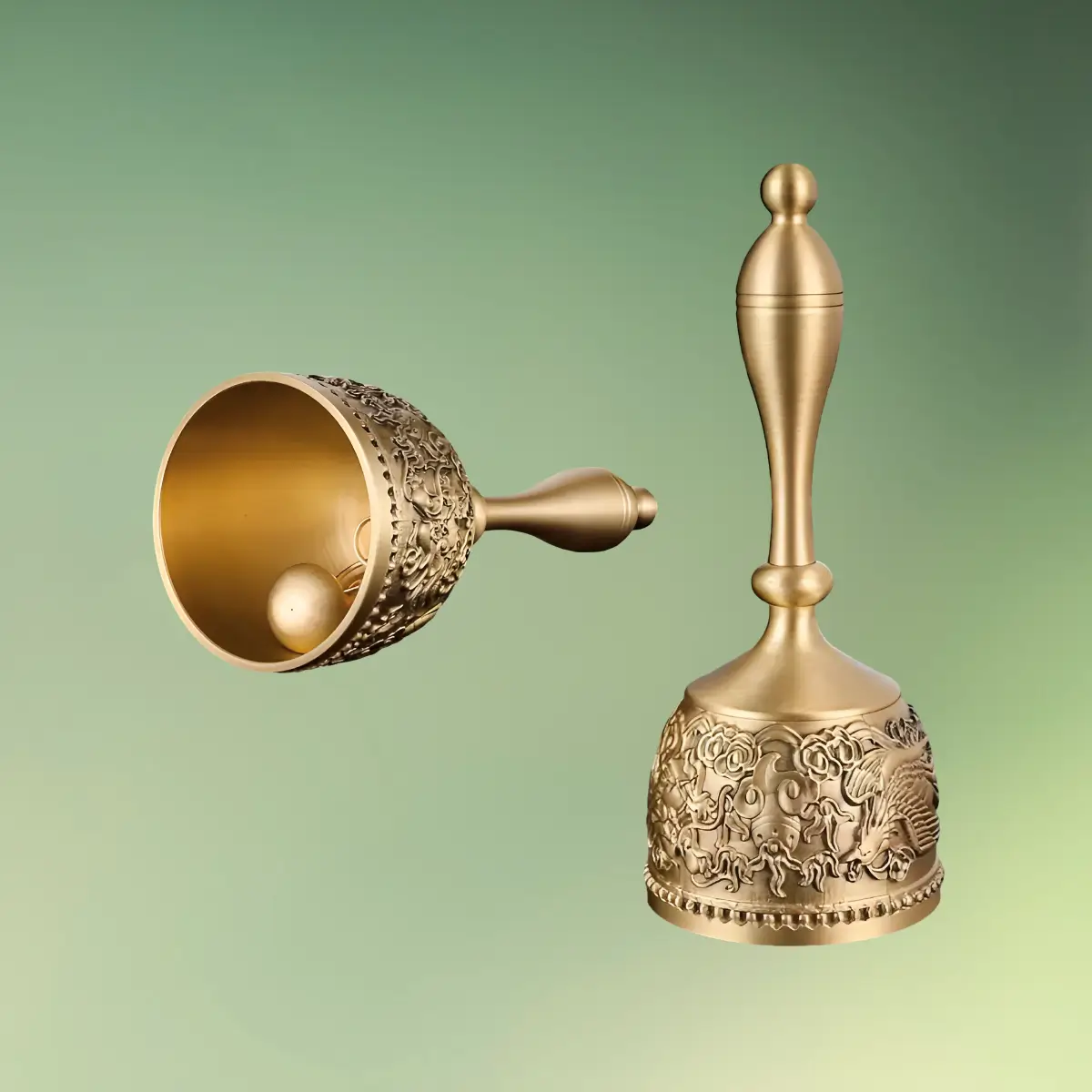 1 stk. Klassisk håndholdt klokke - Bronze-drage og Føniksklokke lig og stå (1) lej Toastmaster klokke | Dirigentklokke | Håndklokke til taler | Bronze med drage og fønix motiv