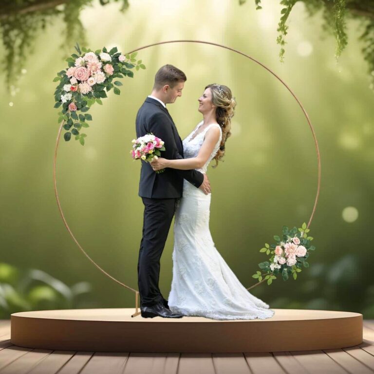 rund vielsesbue med lyserøde kunstige blomster med brudepar