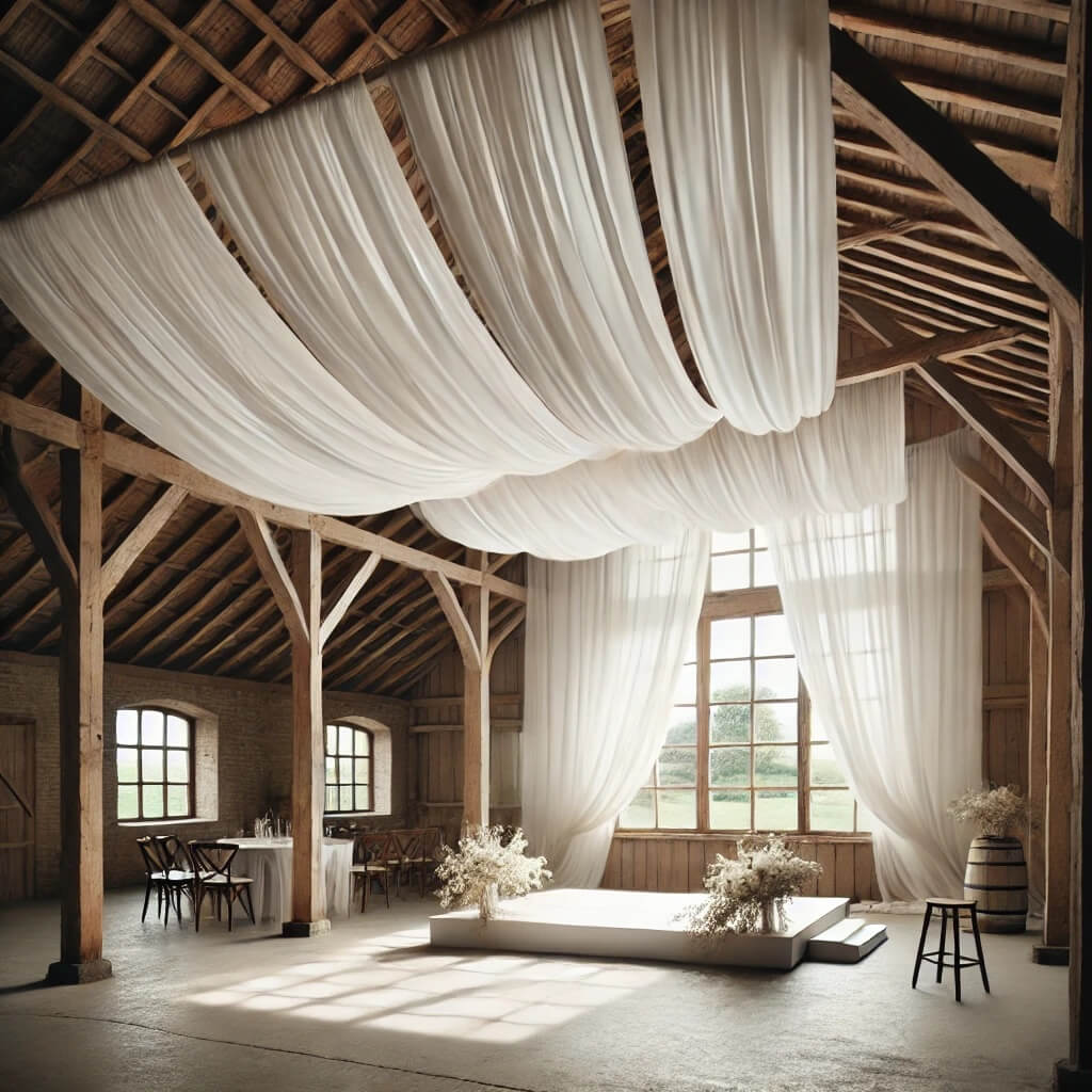 Hvidt stof i loft på lade - hængende skyer (1) hvidt stof i loftet af en lade