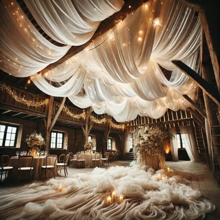 hvidt stof og lys i loftet af en lade