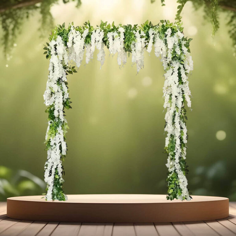 vielsesbue backdrop med hvide blåregns ranker