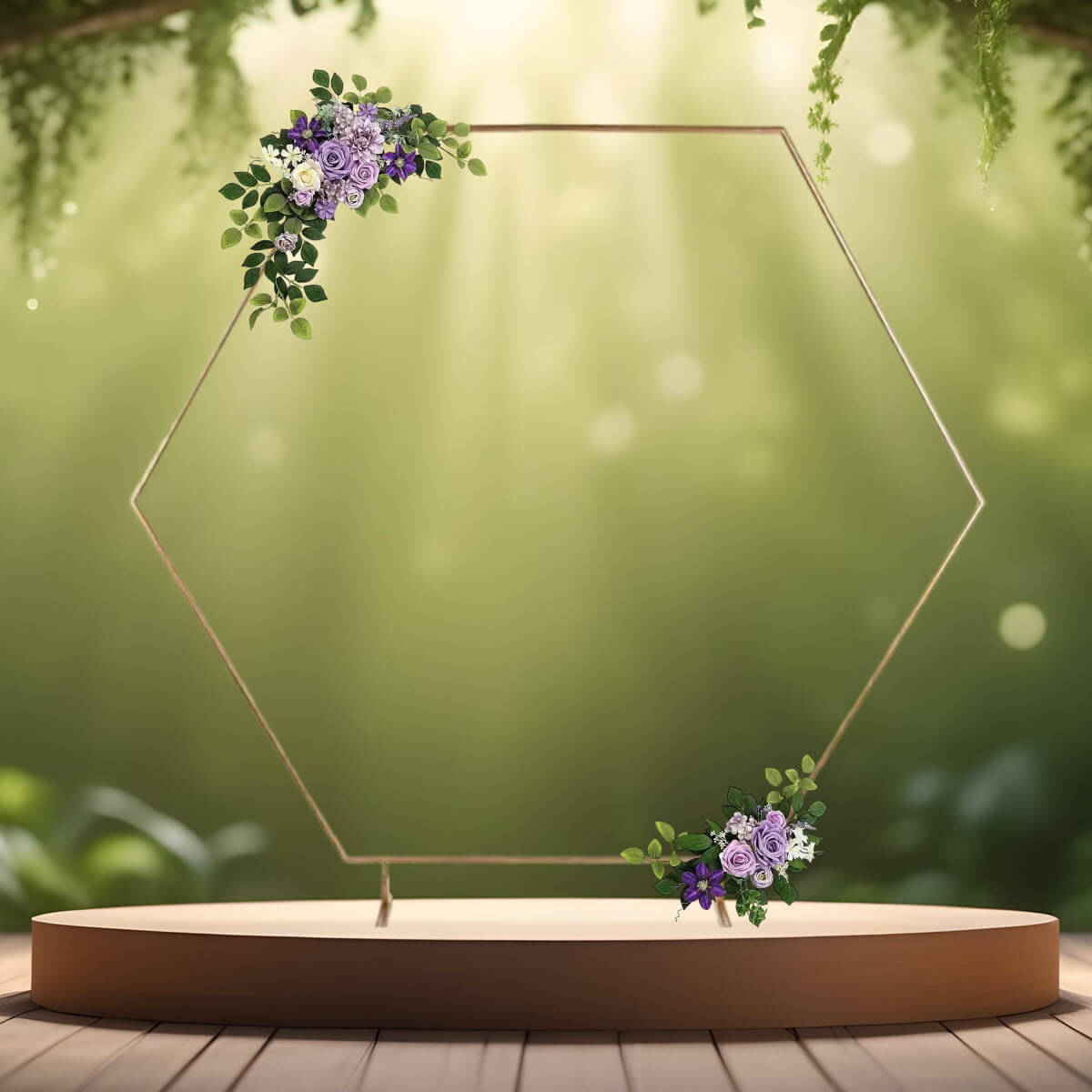 Vielsesbue sekskantet guldfarvet med lilla blomsterdekorationer på podie (1) Vielsesbue - Backdrop sekskantet - hexagon guldfarvet med lilla blomsterdekorationer
