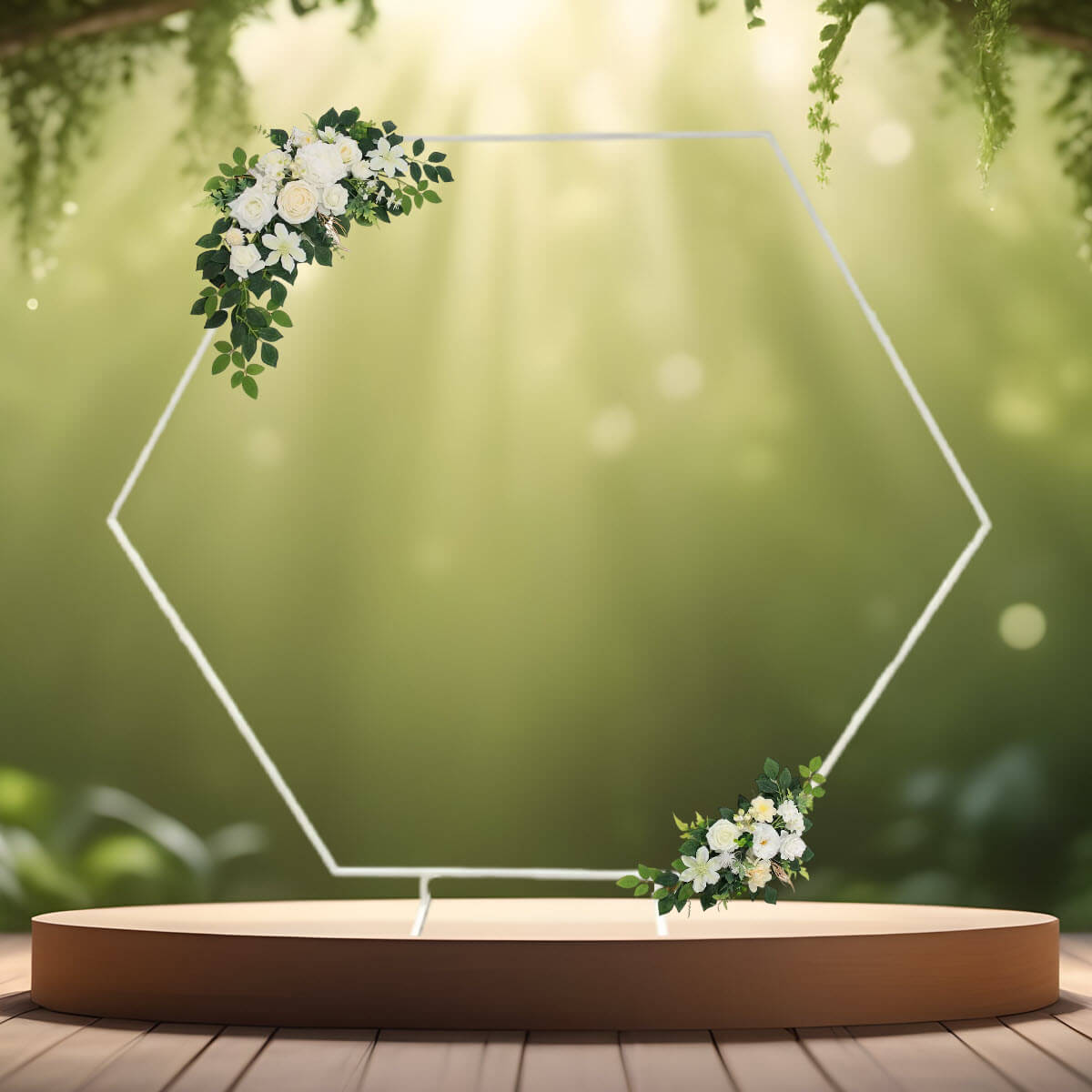 Vielsesbue - Backdrop sekskantet - hexagon hvid med hvideblomsterdekorationer