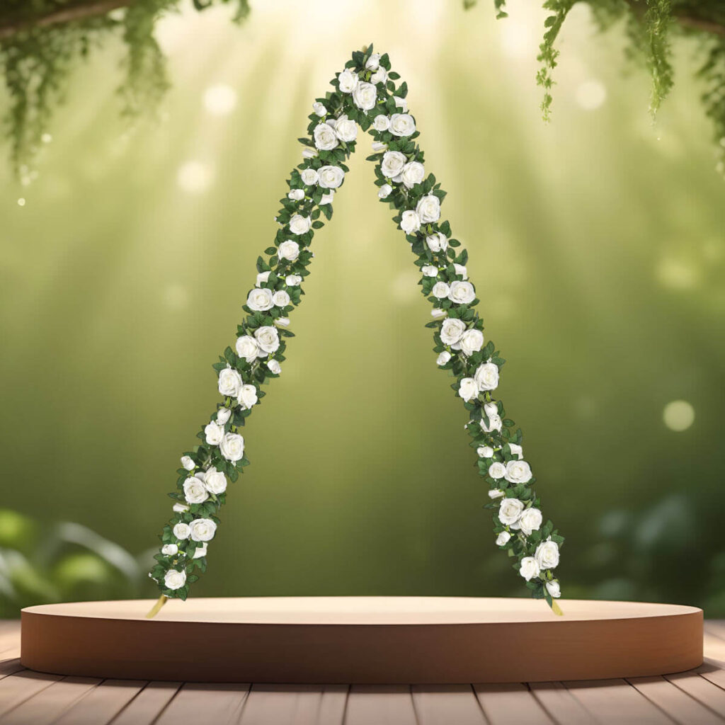 trekantet vielsesbue - backdrop guldfarvet - 180x240 cm med kunstig blomsterranke med hvide roser