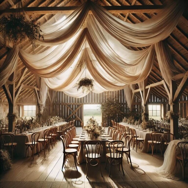 bryllupslokale i lade med ophængt stof