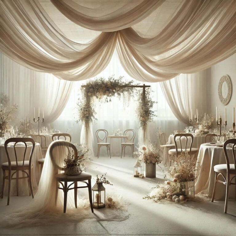 bryllupslokale med ophængt stof