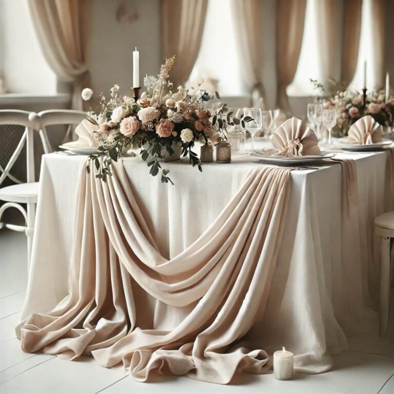 ophængt stof på enden af bord til bryllup