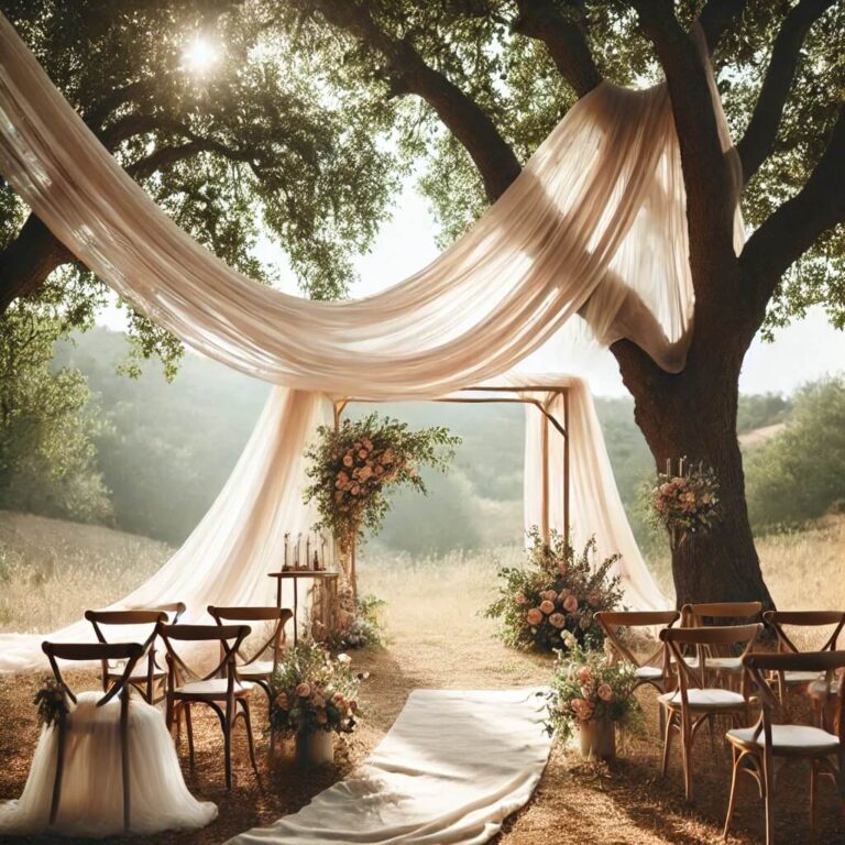 Udendørs vielse med vielsesbue og stof i træ