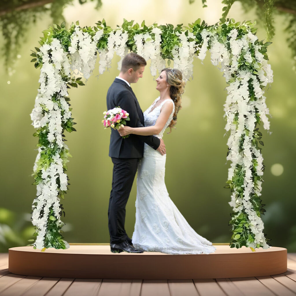 Kvadratisk vielsesbue - backdrop stativ 2m med kunstig hvid blåregn og brudepar