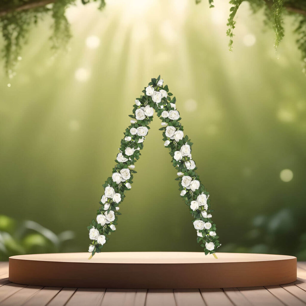 trekantet vielsesbue - backdrop guldfarvet - 120x180 cm med kunstig blomsterranke med hvide roser