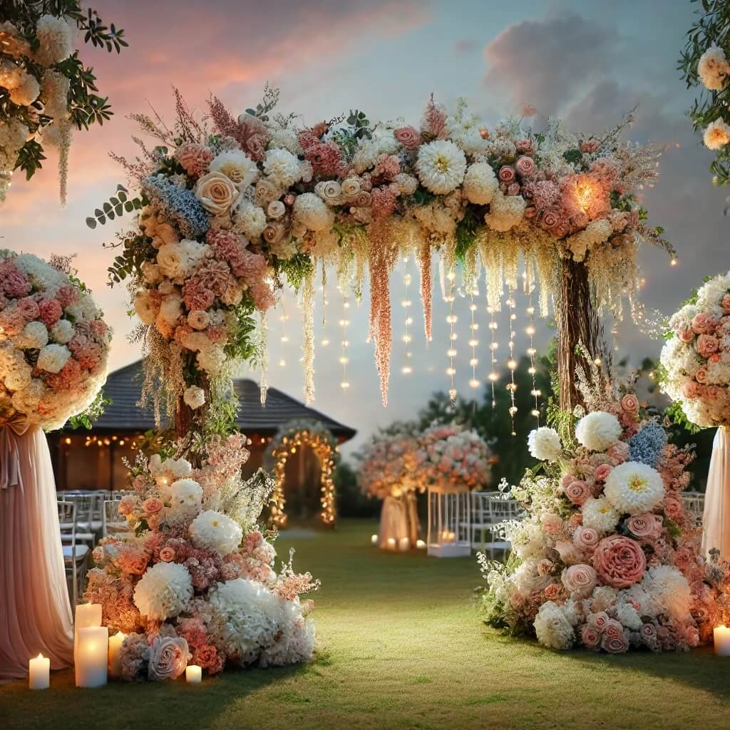 bue med blomster og lys i haven - Den Store Dag