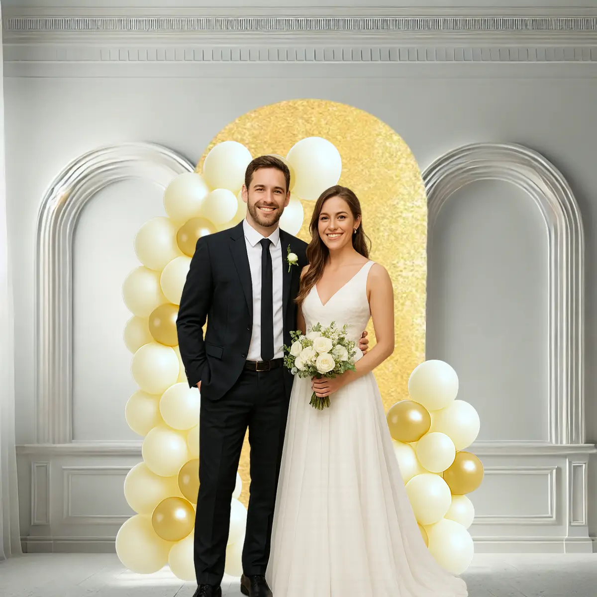 Ballonbue guld 2 x 1 m - guld betræk ballone bpar (1) lej Ballonbue stativ | Vielsesbue | Guldfarvet | XL | 2 x 1 m med guld pailet betræk