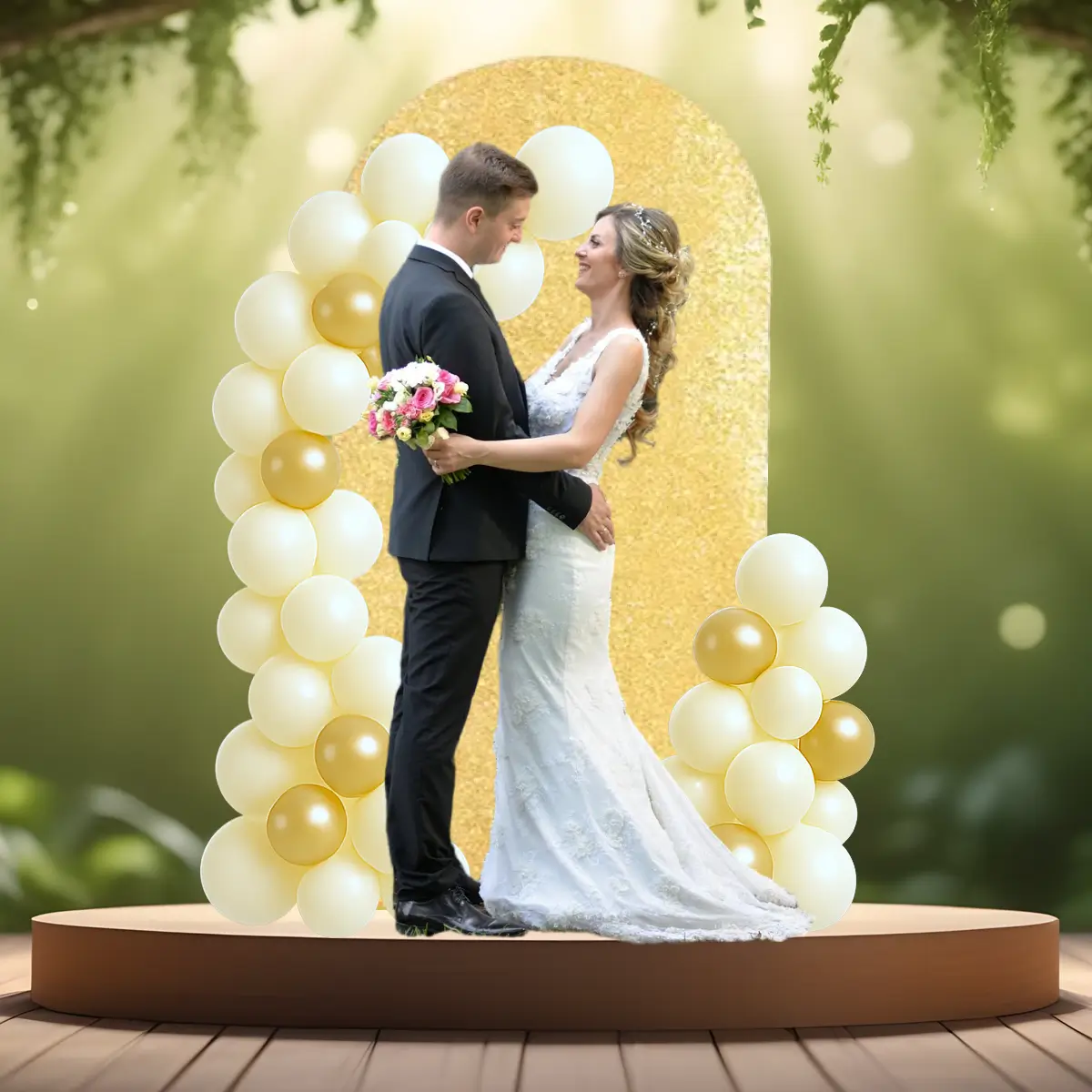 lej Ballonbue stativ | Vielsesbue | Guldfarvet | XL | 2 x 1 m med guld pailet betræk