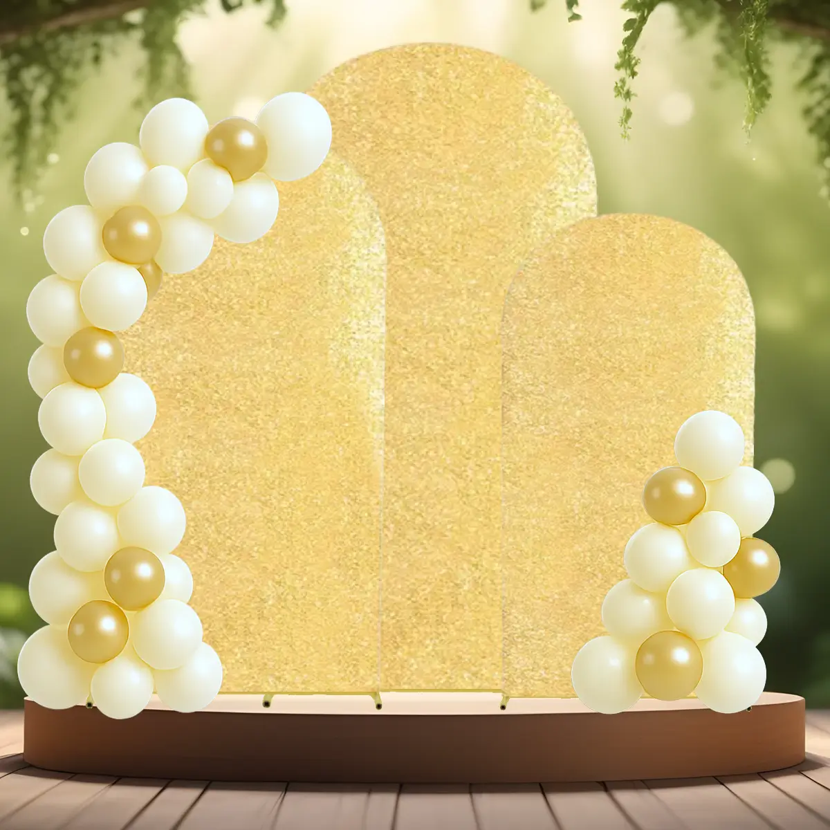 lej Ballonbue stativ | Vielsesbue | Guldfarvet | Sæt med 3 buer | 1,5 m 1,8 m og 2 m med guld pailet betræk