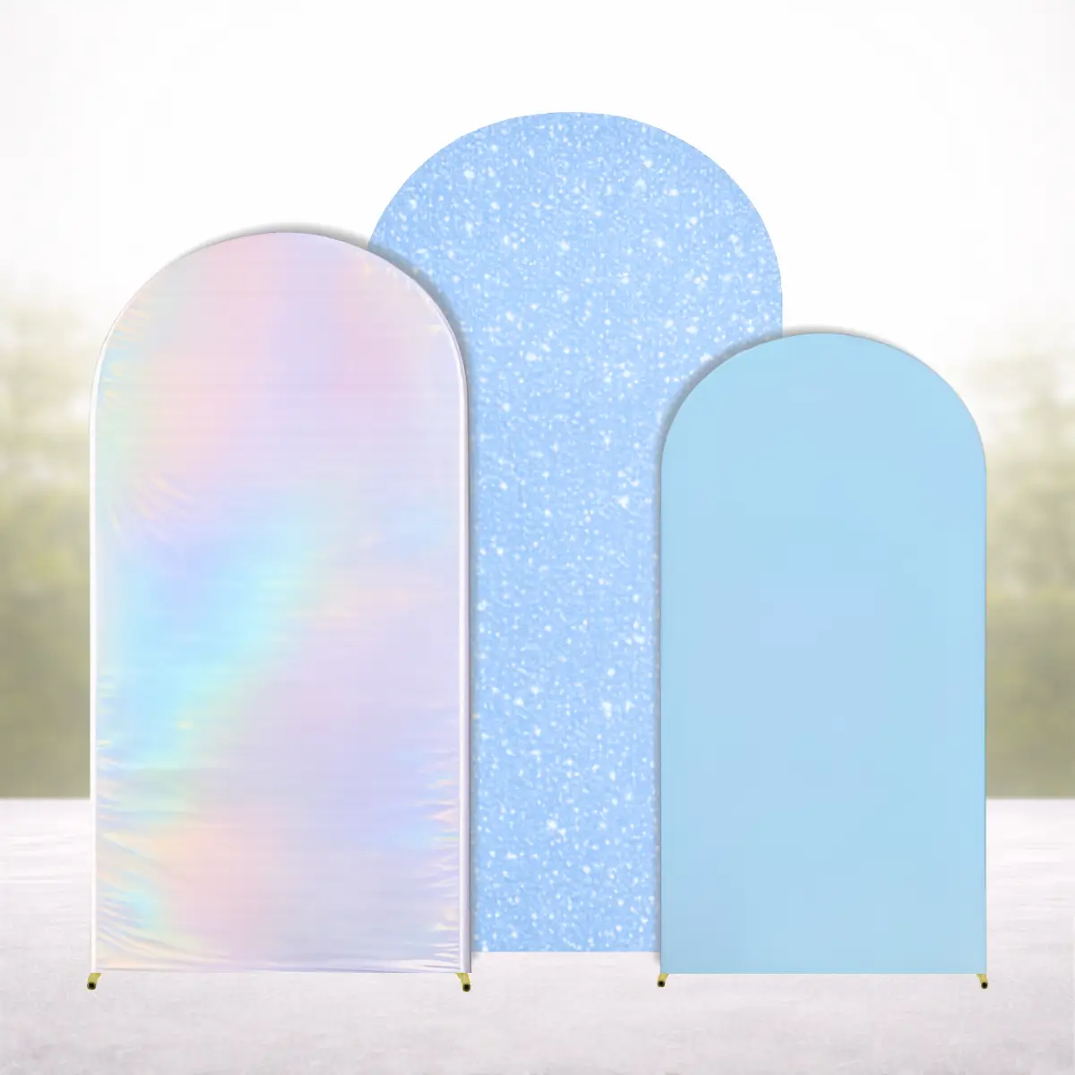 Ballonbue-sæt guld 2 - 1,8 - 1,5 m lyseblå paillet + metallisk farveskiftende + lyserød-lyseblå hvid (1)