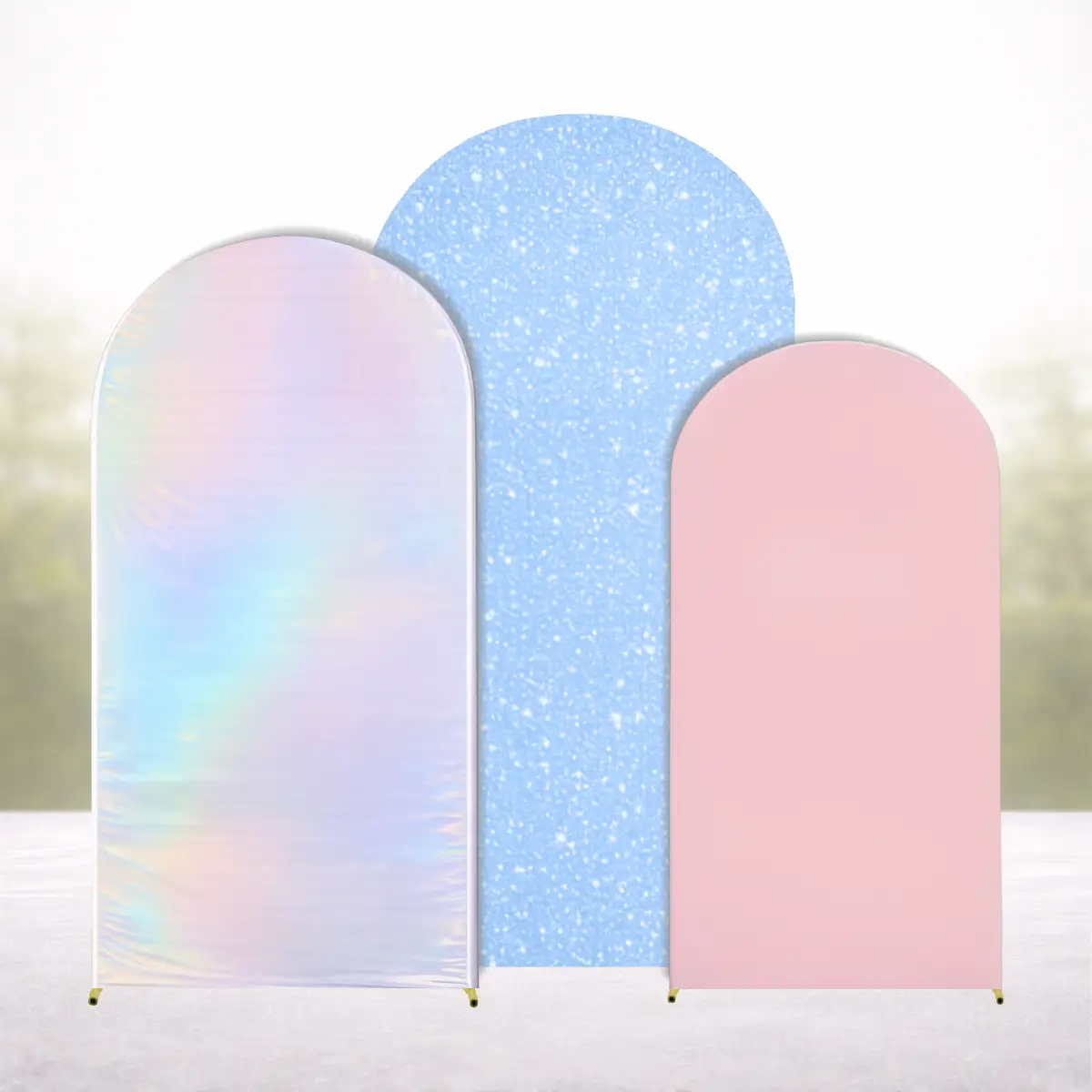 Ballonbue-sæt guld 2 - 1,8 - 1,5 m lyseblå paillet + metallisk farveskiftende + lyserød-lyseblå rød hvid (1)