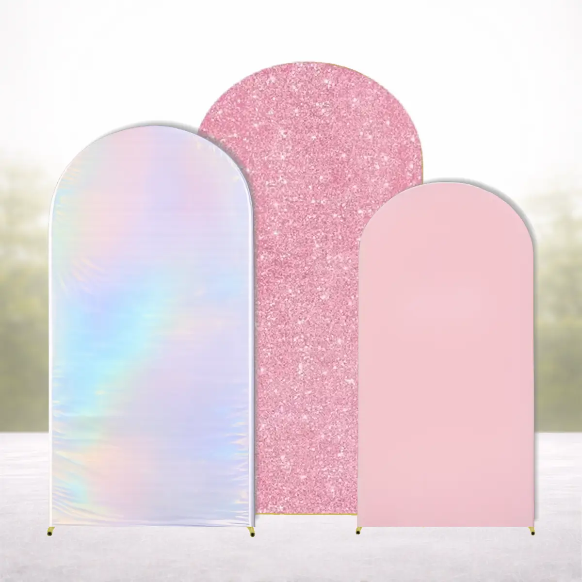 Ballonbue-sæt guld 2 - 1,8 - 1,5 m lyserød paillet + metallisk farveskiftende + lyserød-lyseblå hvid (1)