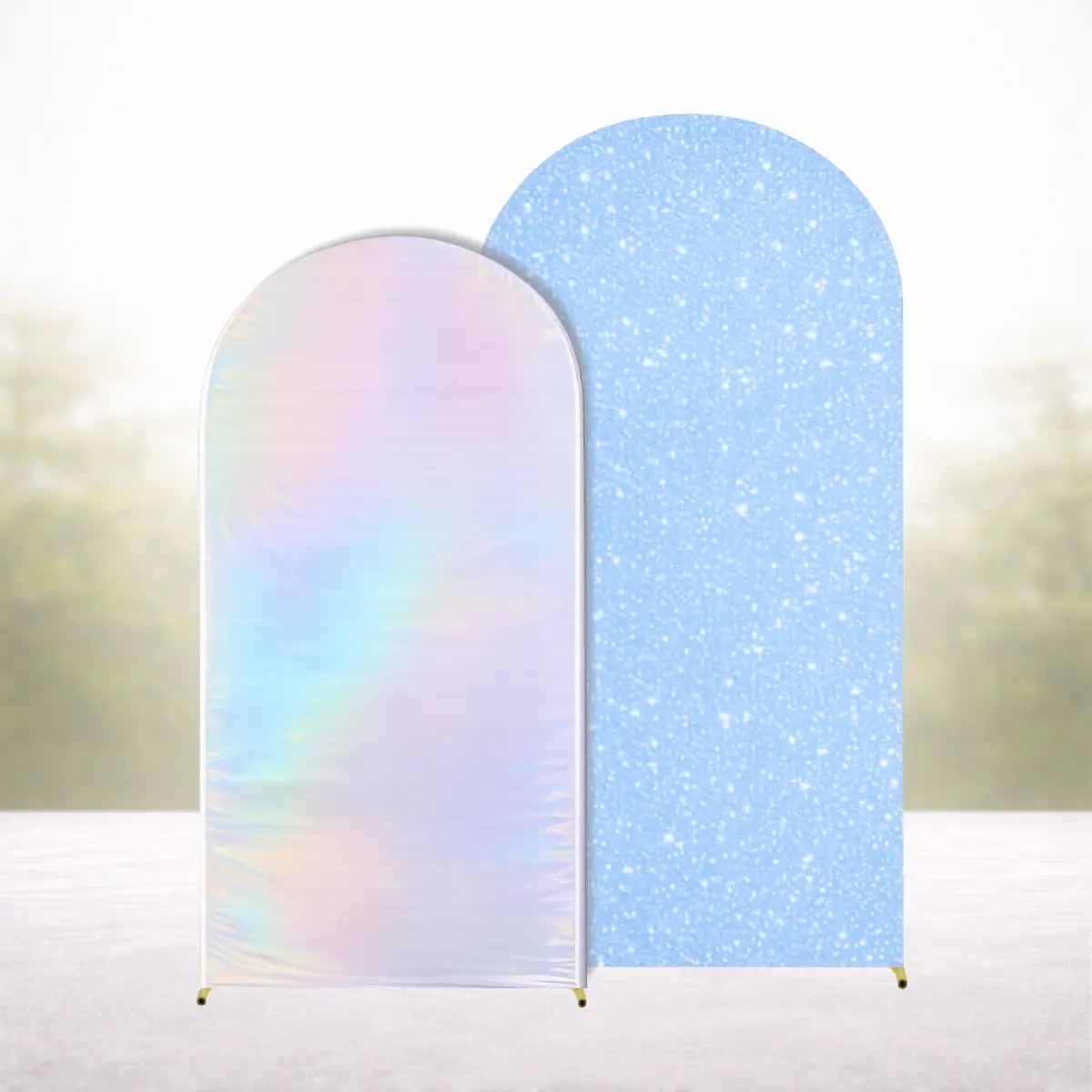 Ballonbue-sæt guld 2 - 1,8 m lyseblå paillet + metallisk farveskiftende hvid (1)