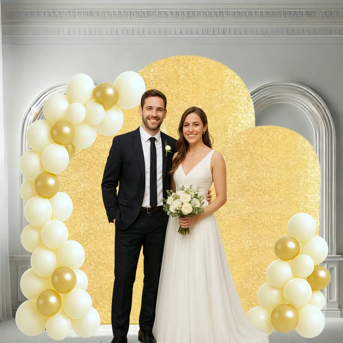 lej Ballonbue stativ | Vielsesbue | Guldfarvet | Sæt med 3 buer | 1,5 m 1,8 m og 2 m med guld pailet betræk