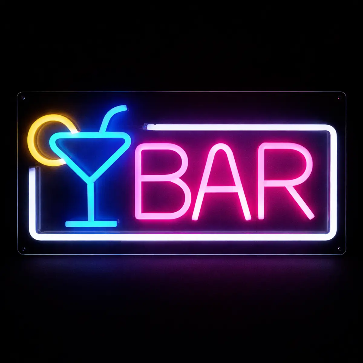 lej LED lysskilt | "Bar" med cocktailglas | Flerfarvet | Dæmpbart neonskilt