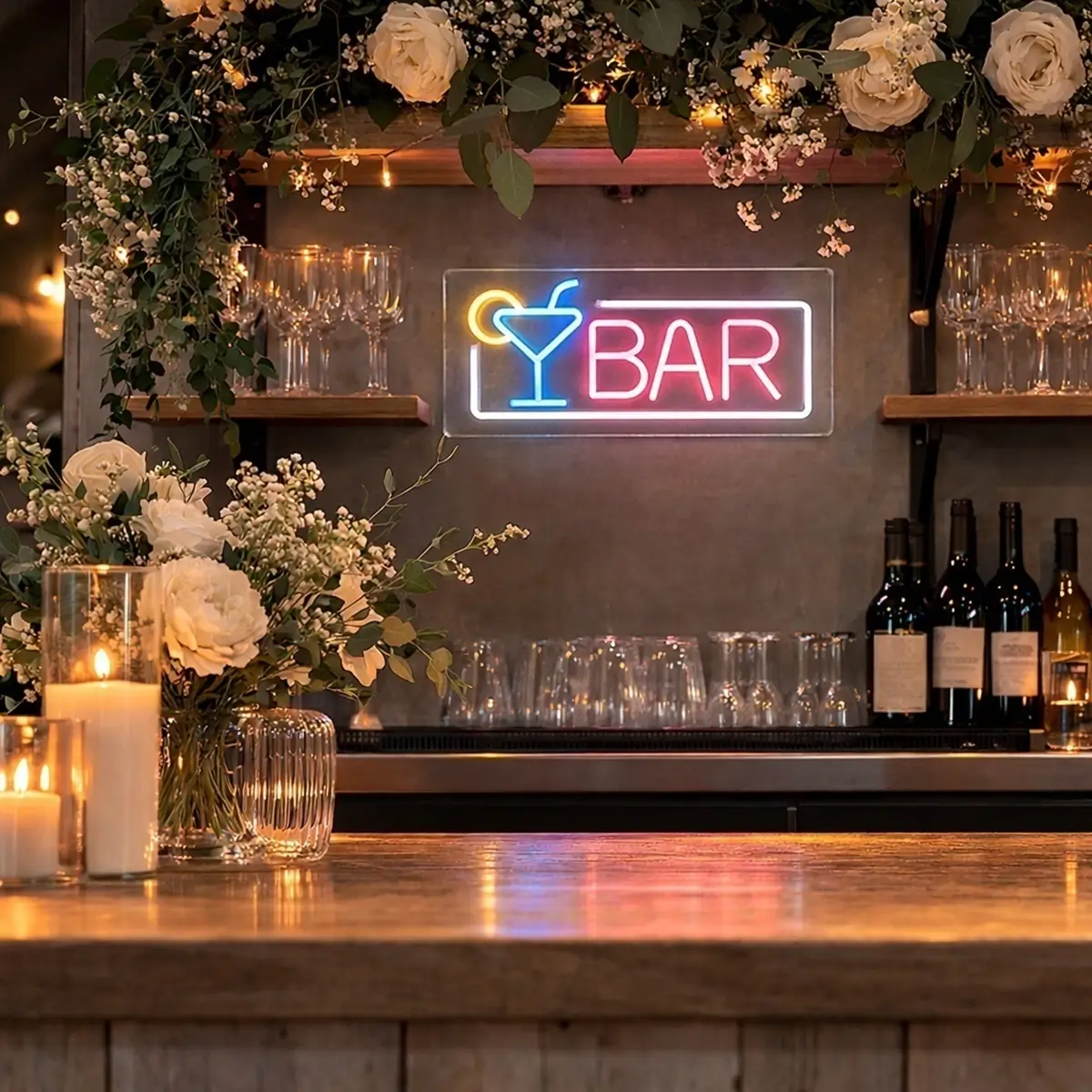 lej LED lysskilt | "Bar" med cocktailglas | Flerfarvet | Dæmpbart neonskilt