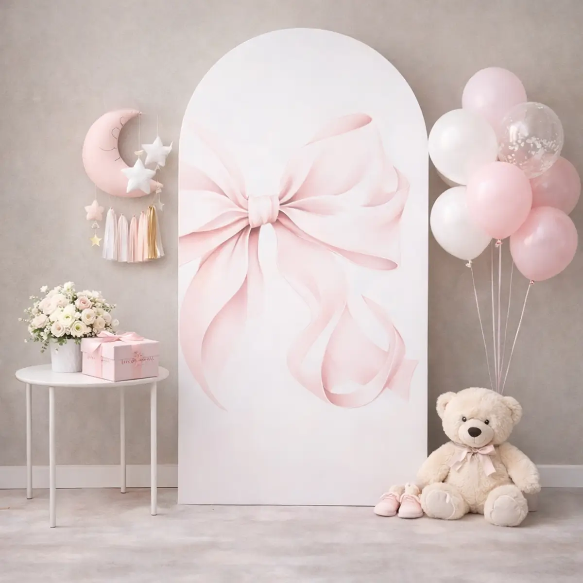 lej Betræk til buet backdrop stativ | Hvid med lyserød sløjfe motiv | L | 1,8 x 0,8 m