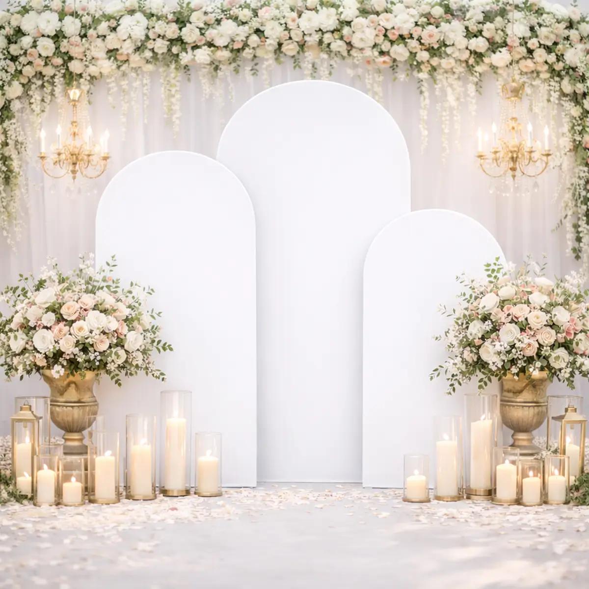 Buet stativ - guld 1,8 - 1,5 - 1,2 m hvidt betræk backdrop (1) lej Betræk til buet backdrop stativ | Hvid | Flere str.