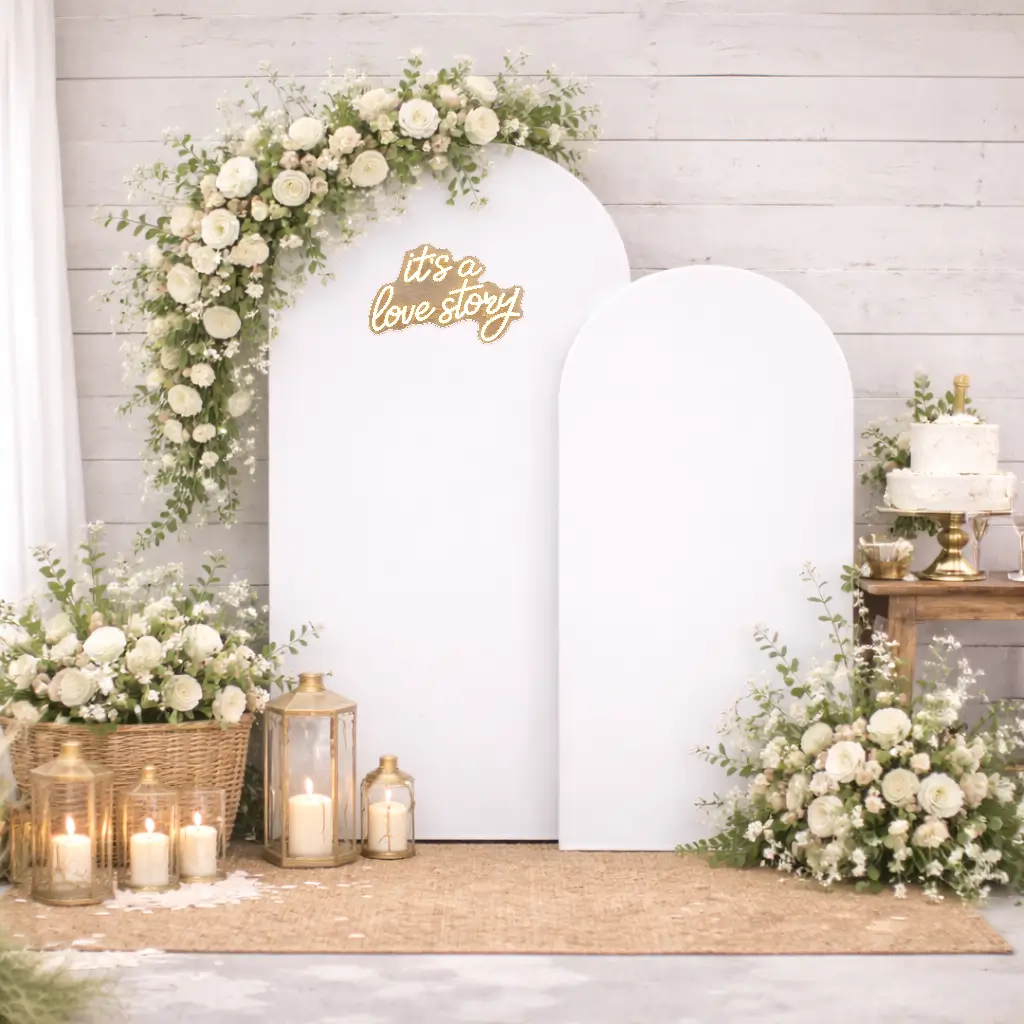 Buet stativ - guld 1,8 - 1,5 m hvidt betræk backdrop m lysskilt (1) lej Betræk til buet backdrop stativ | Hvid | Flere str.