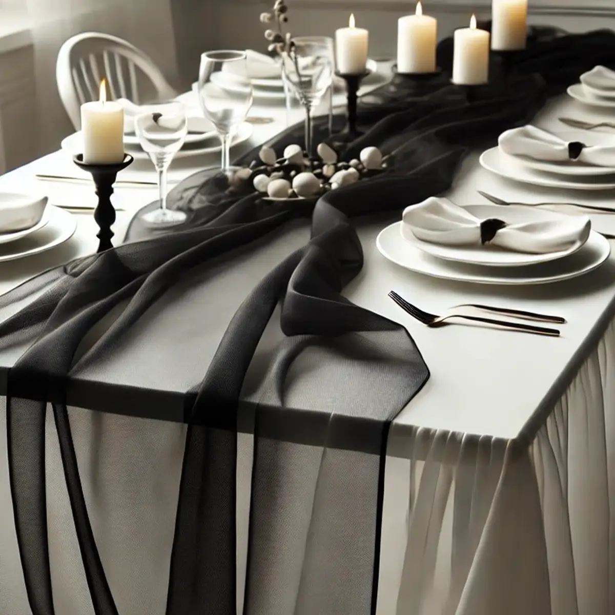 Chiffon Bordløber Sort på bord crop (1) Bordløber i sort chiffon stof - 48 x 500 cm