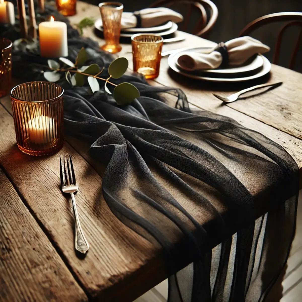 Chiffon Bordløber Sort på træbord (1) Bordløber i sort chiffon stof - 48 x 500 cm