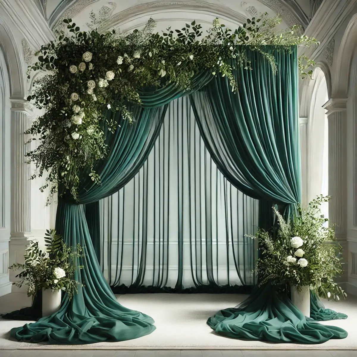 smaragdgrønt chiffon stof på vielsesbue backdrop