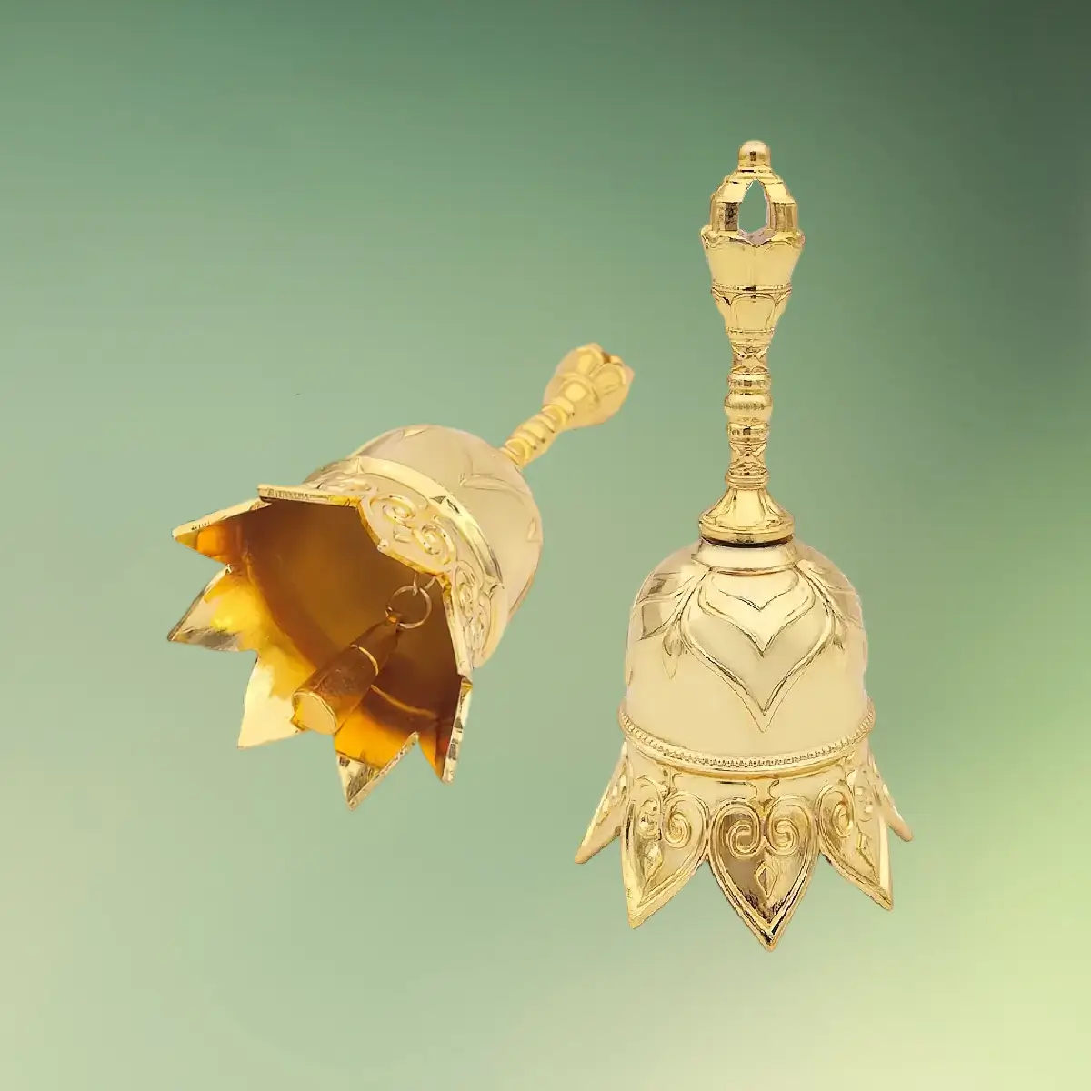 Elegant Lotus Klokke Håndklokke - gylden stående og liggende (1) lej Toastmaster klokke | Dirigentklokke | Håndklokke til taler | Guldfarvet lotus klokke