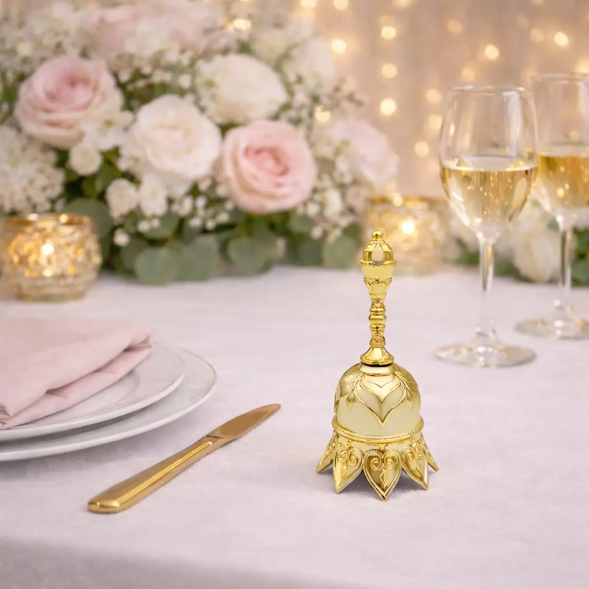 lej Toastmaster klokke | Dirigentklokke | Håndklokke til taler | Guldfarvet lotus klokke