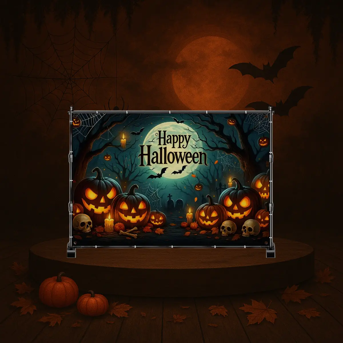 Happy Halloween banner - 213x152 cm Halloween podie (1) Lej Happy Halloween banner på sort stativ | 1,52 x 2,13 cm