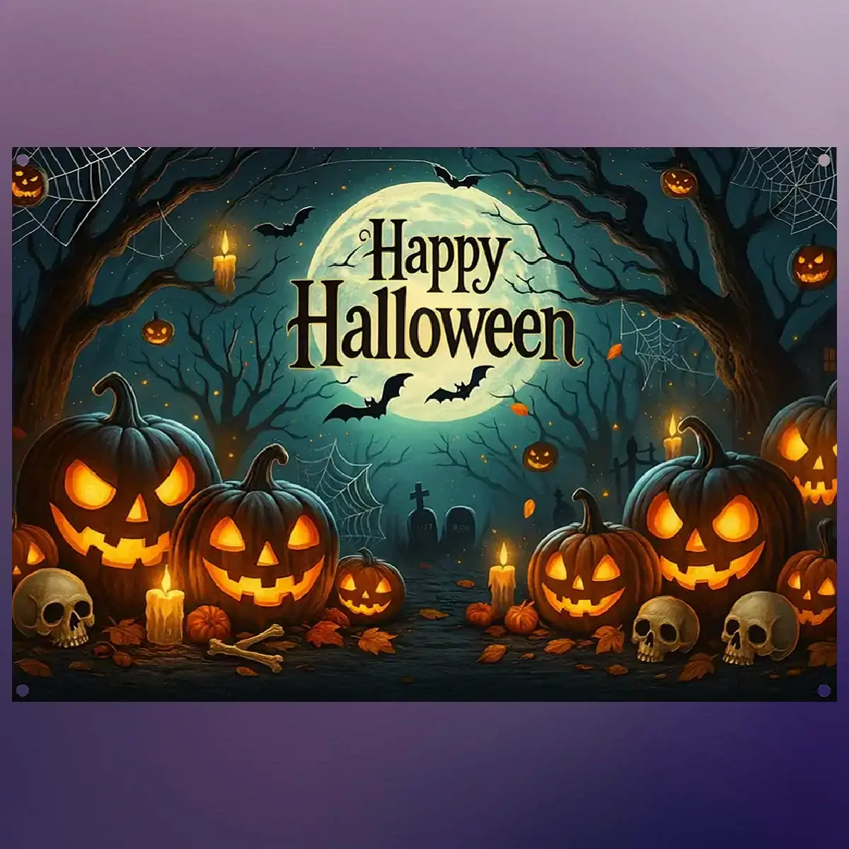 Happy Halloween banner - 213x152 cm lilla b (1) Lej Happy Halloween banner | Banner med græskar og halloween uhygge | 1,52 x 2,13 cm