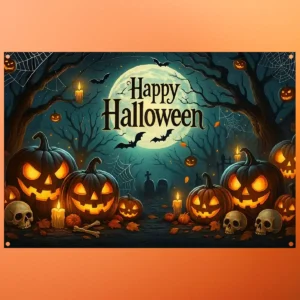 Lej Happy Halloween banner | Banner med græskar og halloween uhygge | 1,52 x 2,13 cm