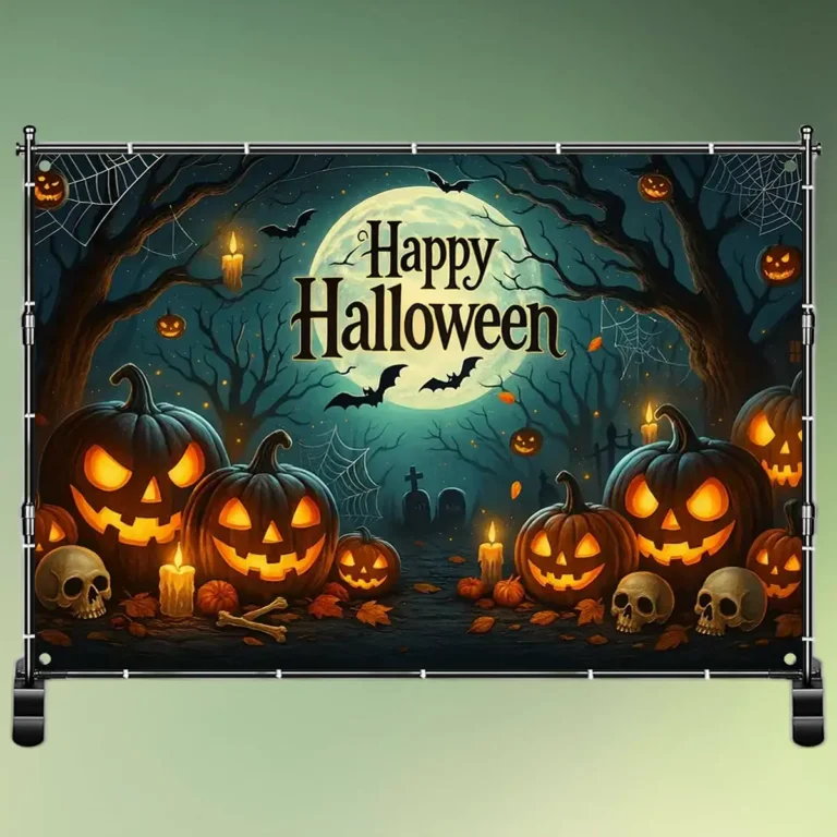 Lej Happy Halloween banner på sort stativ | 1,52 x 2,13 cm