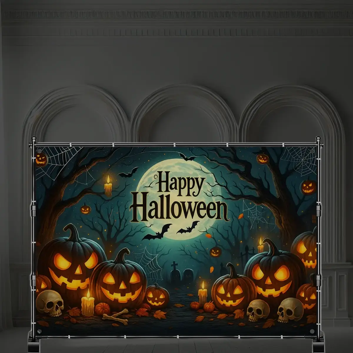 Happy Halloween banner - 213x152 cm på emart stativ hvid b (1) Lej Happy Halloween banner på sort stativ | 1,52 x 2,13 cm