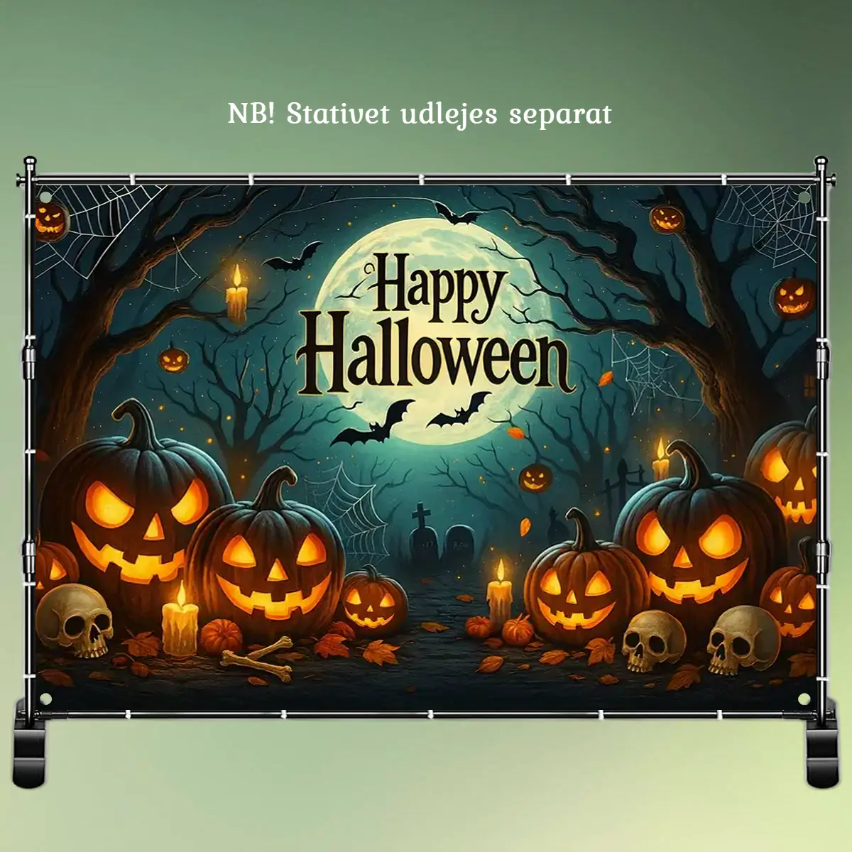 Happy Halloween banner - 213x152 cm på emart stativ tekst (1) Lej Happy Halloween banner | Banner med græskar og halloween uhygge | 1,52 x 2,13 cm