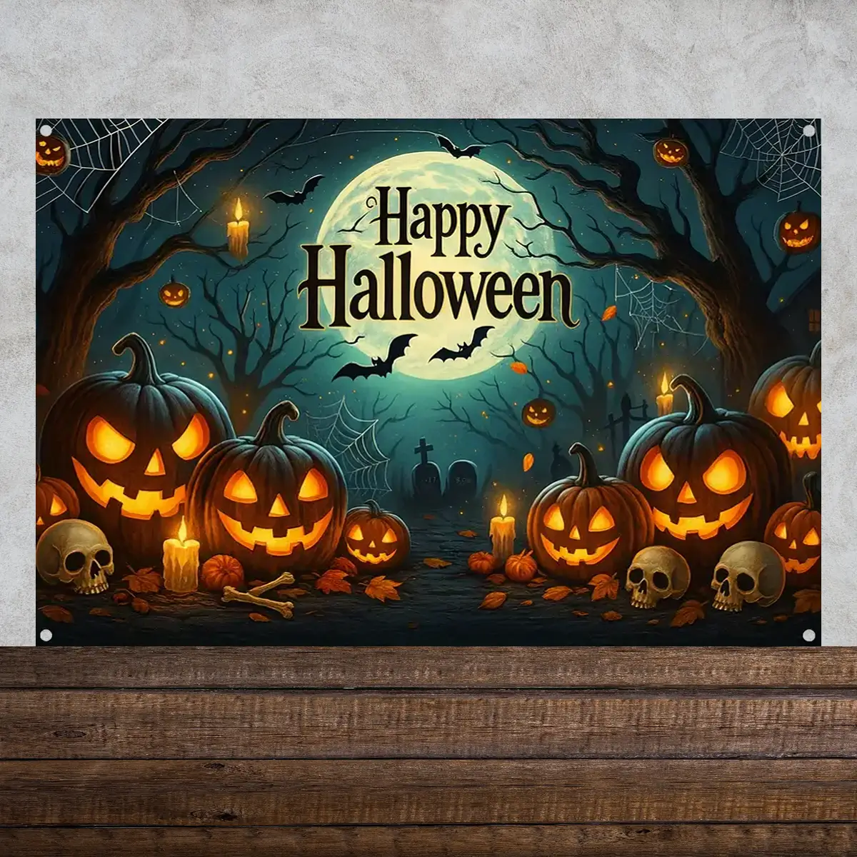 Happy Halloween banner - 213x152 cm på væg (1) Lej Happy Halloween banner | Banner med græskar og halloween uhygge | 1,52 x 2,13 cm