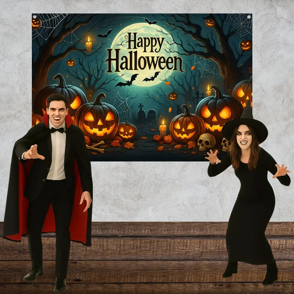 Lej Happy Halloween banner | Banner med græskar og halloween uhygge | 1,52 x 2,13 cm