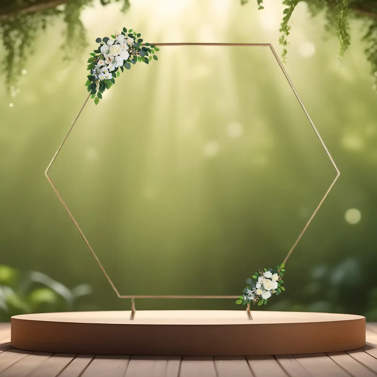 hvide kunstige blomster dekorationer - blomster til vielsesbuer og backdrops - kunstige blomster til velkomstskilt - blomster til bryllup - roser og orkideer - guld sekskantet vielsesbue