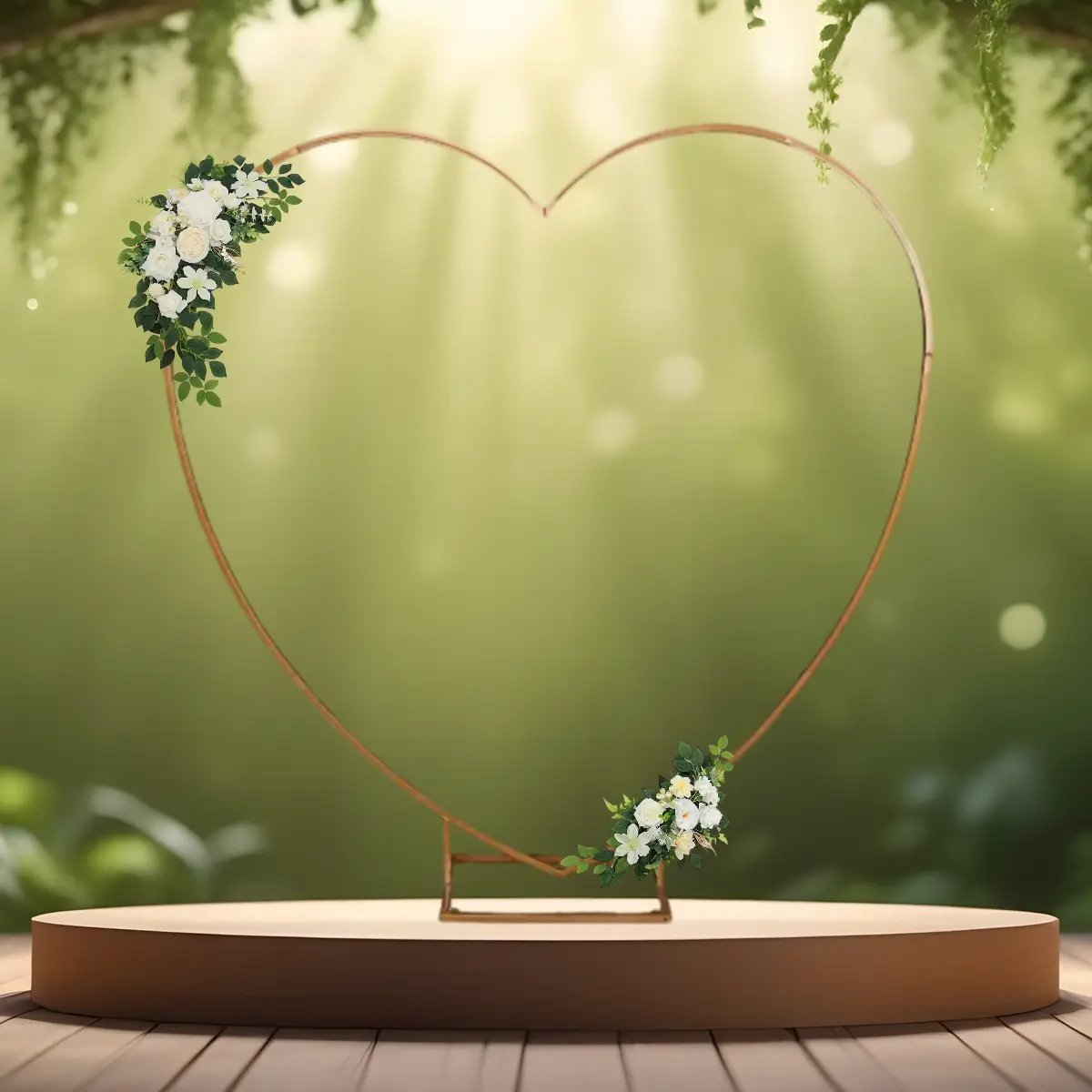 hvide kunstige blomster dekorationer - blomster til vielsesbuer og backdrops - kunstige blomster til velkomstskilt - blomster til bryllup - hjerteformet vielsesbue - backdrop i guldfarvet