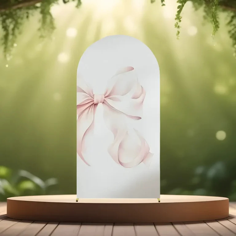 lej Betræk til buet backdrop stativ | Hvid med lyserød sløjfe motiv | L | 1,8 x 0,8 m