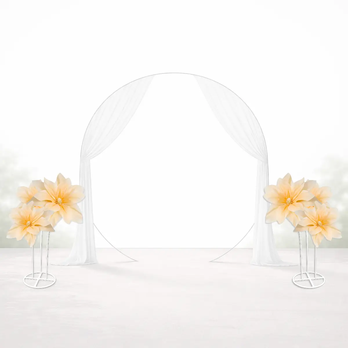 Hvidt stativ med 3-huls base + 2 stk - 3 gul kæmpe liljer - spejlet indad (1) Side-stativer med kæmpeblomster til vielsesbue og backdrop - gule liljer