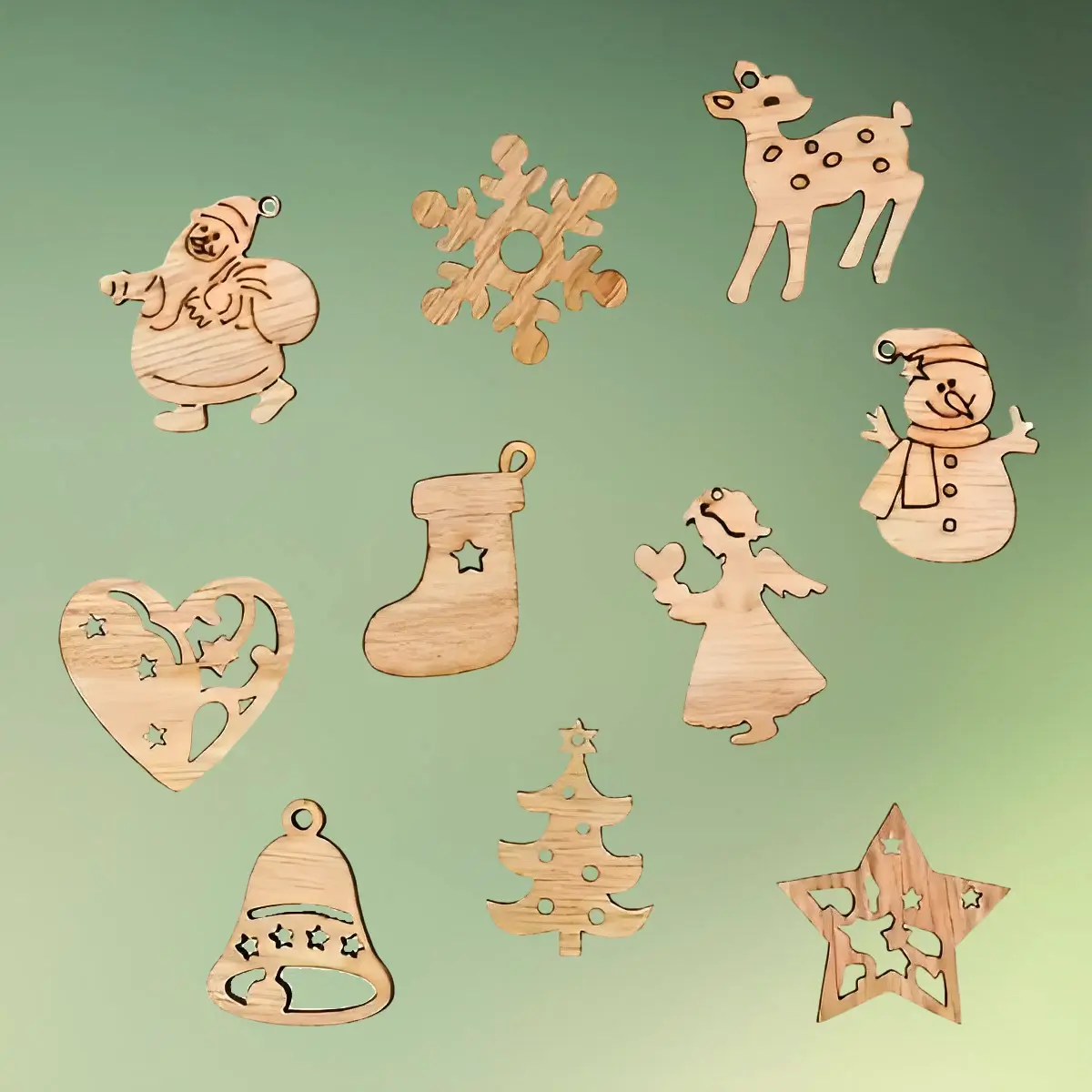 Jule trækonfetti 10 figurer grøn b (1) Jule konfetti i træ | Små træfigurer med julemotiver | 100 stk.