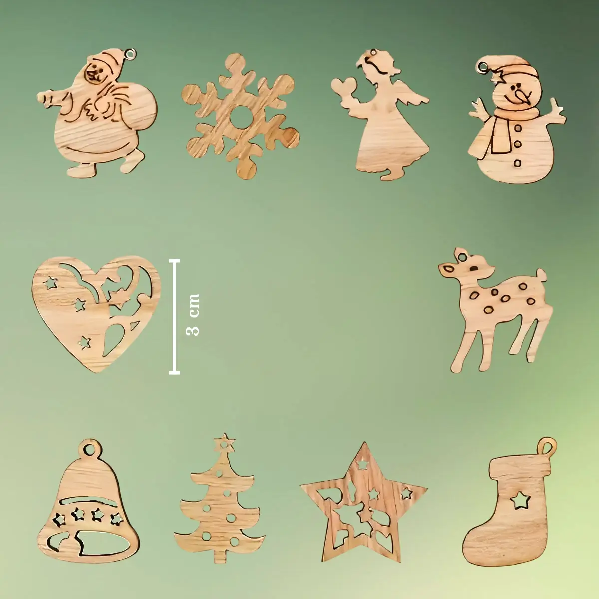 Jule trækonfetti 10 figurer mål (1) Jule konfetti i træ | Små træfigurer med julemotiver | 100 stk.