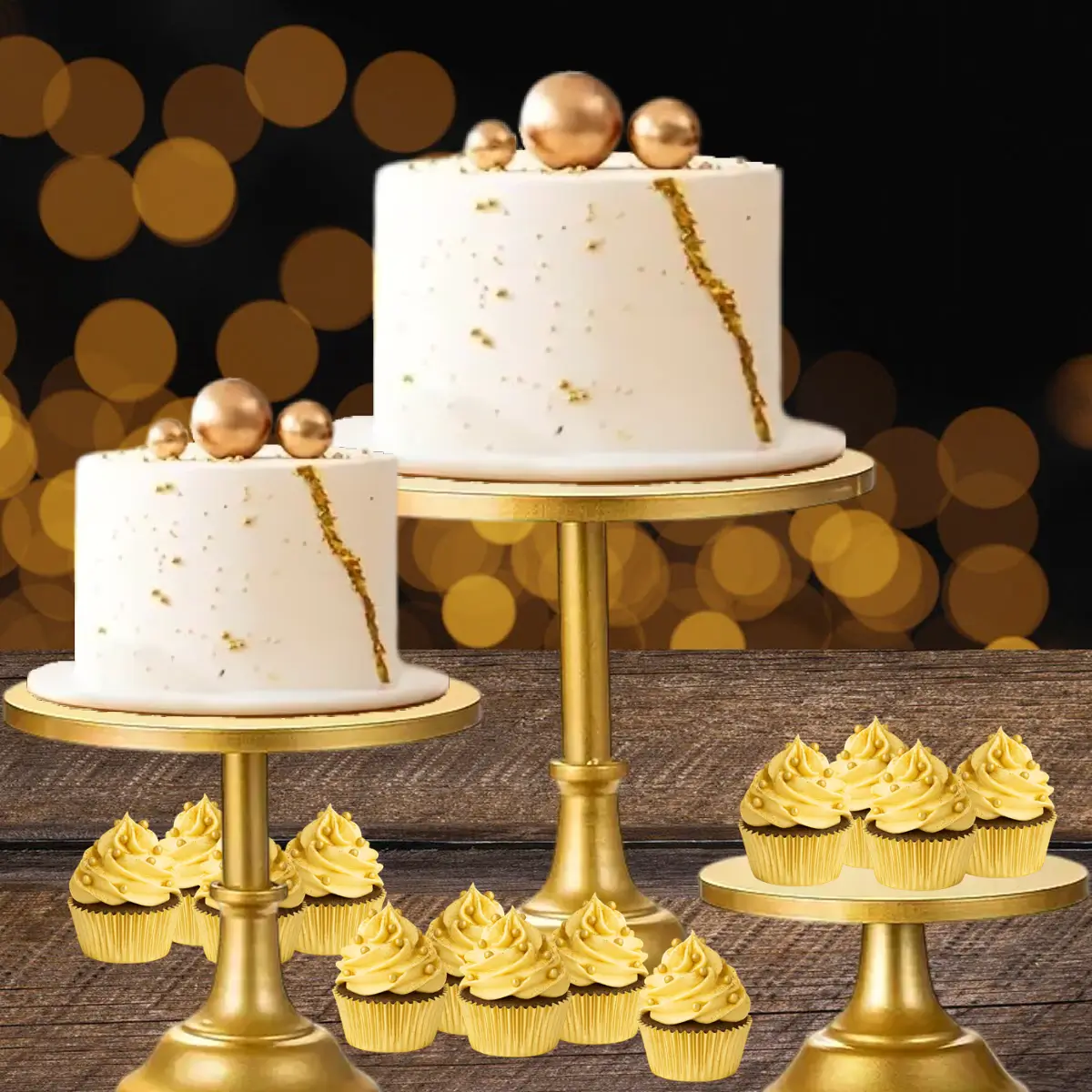 lej Kageopsatser | Guld | Sæt med 3 kagefade | Guldfarvet fod til pynt